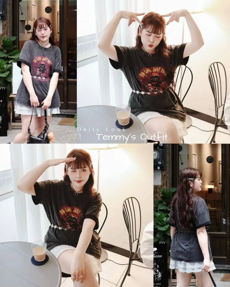 Collage of a woman modeling a gray graphic T-shirt with white lace shorts, posing with a peace sign indoors and outdoors in a casual cafe setting